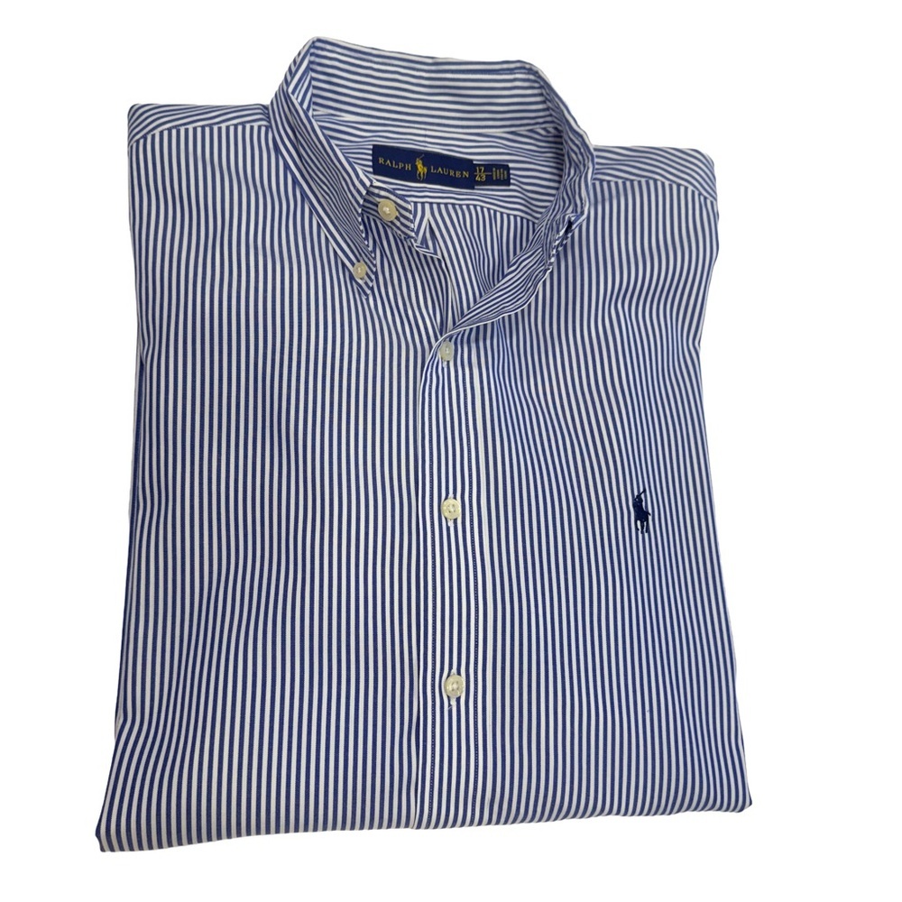Ralph Lauren Men’s Button Down Collared Shirt Stripe Blue White Sz 17 / 43 EUC